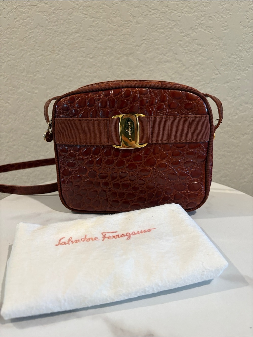 Salvatore Ferragamo Croc-Embossed Brown Vara Bow Crossbody Bag